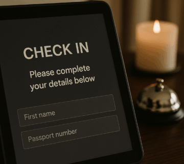 A minimalist hotel reception desk with a self service iPad and a small Jo Malone candle, symbolising modern luxury’s emptiness 