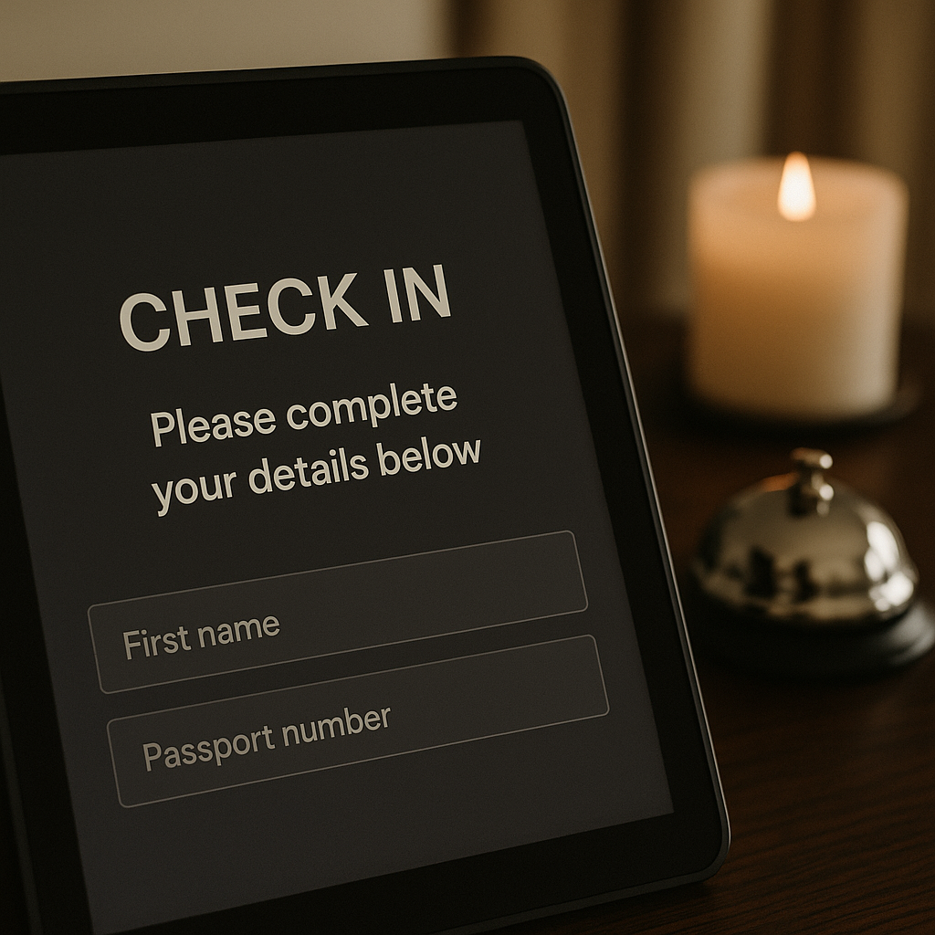 A minimalist hotel reception desk with a self service iPad and a small Jo Malone candle, symbolising modern luxury&rsquo;s emptiness 