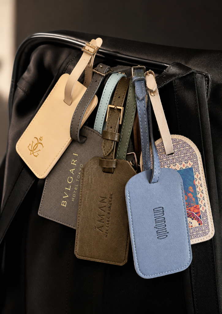 A collection of luxury hotel luggage tags hanging from a black travel bag, including tags from Aman, Bulgari and other high end hotel brands 
