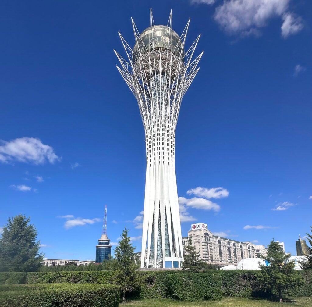 Bayterek tower Astana with gilded Nazarbayev handprint