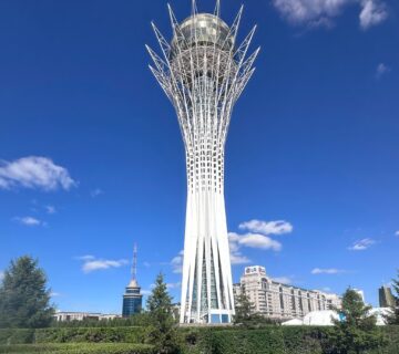 Bayterek tower Astana with gilded Nazarbayev handprint