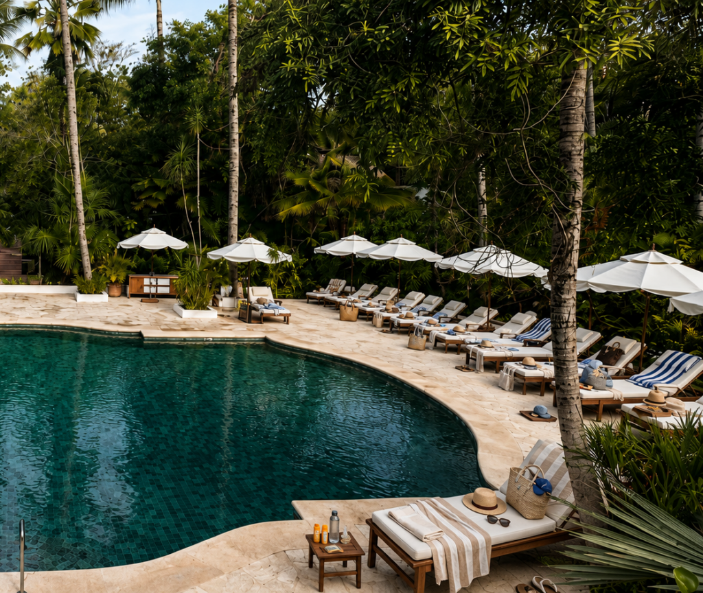 An empty tropical resort pool surrounded by sun loungers claimed with towels, hats, bags and bottles of sun cream 