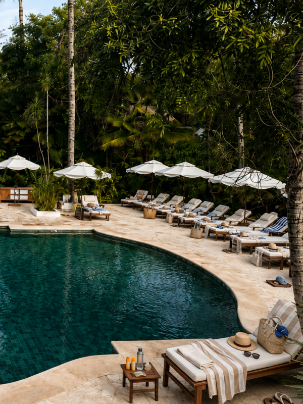 An empty tropical resort pool surrounded by sun loungers claimed with towels, hats, bags and bottles of sun cream.