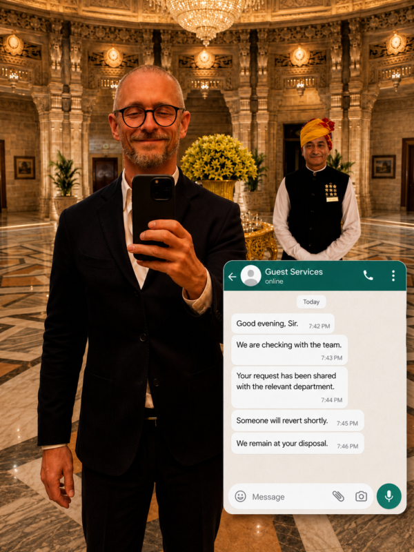 Philippe Servais holding a phone in a luxury hotel lobby beside a hotel butler, with anonymous Guest Services WhatsApp messages illustrating modern hotel service.