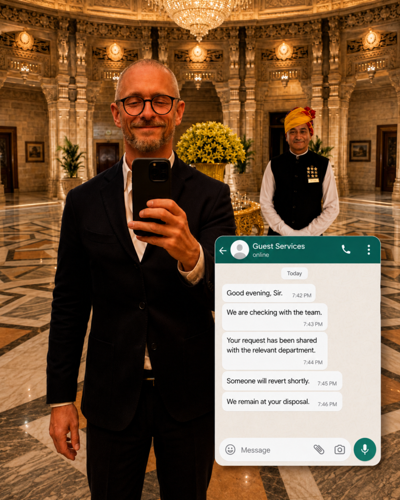 Philippe Servais holding a phone in a luxury hotel lobby beside a hotel butler, with anonymous Guest Services WhatsApp messages illustrating modern hotel service 